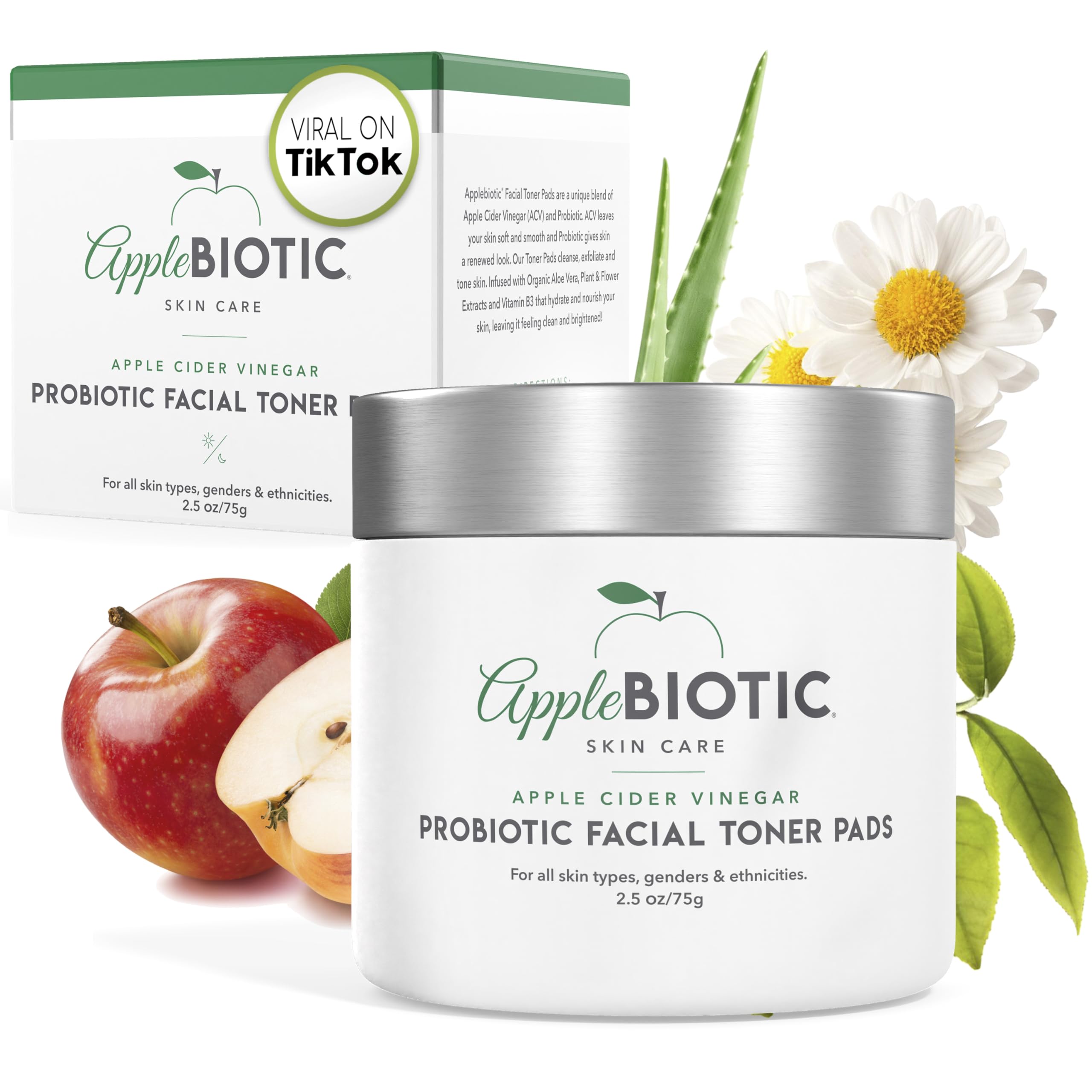 Applebiotic Toner Pads for Face - Exfoliating Face Wipes, for All Skin Types - Apple Cider Vinegar, Green Tea, 60 Pads