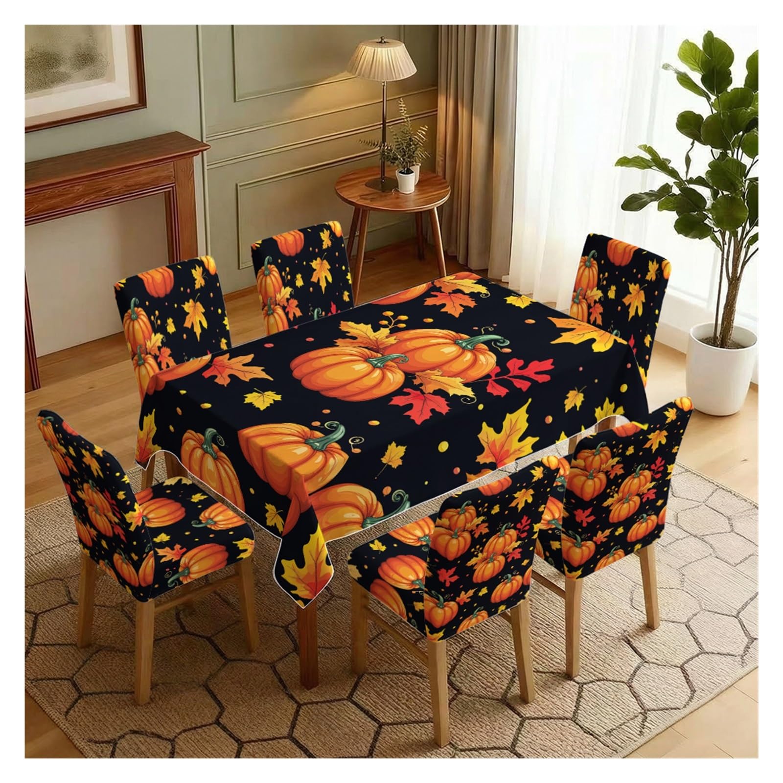 KXUAUV Fall Pumpkin & Maple Leaf Print Stretch Chair Covers & Tablecloth Set, For Kitchen Dining Room Thanksgiving Decor, 5/7 Pack Party Decor(7pcs Set: Tablecloth+Chair Covers)