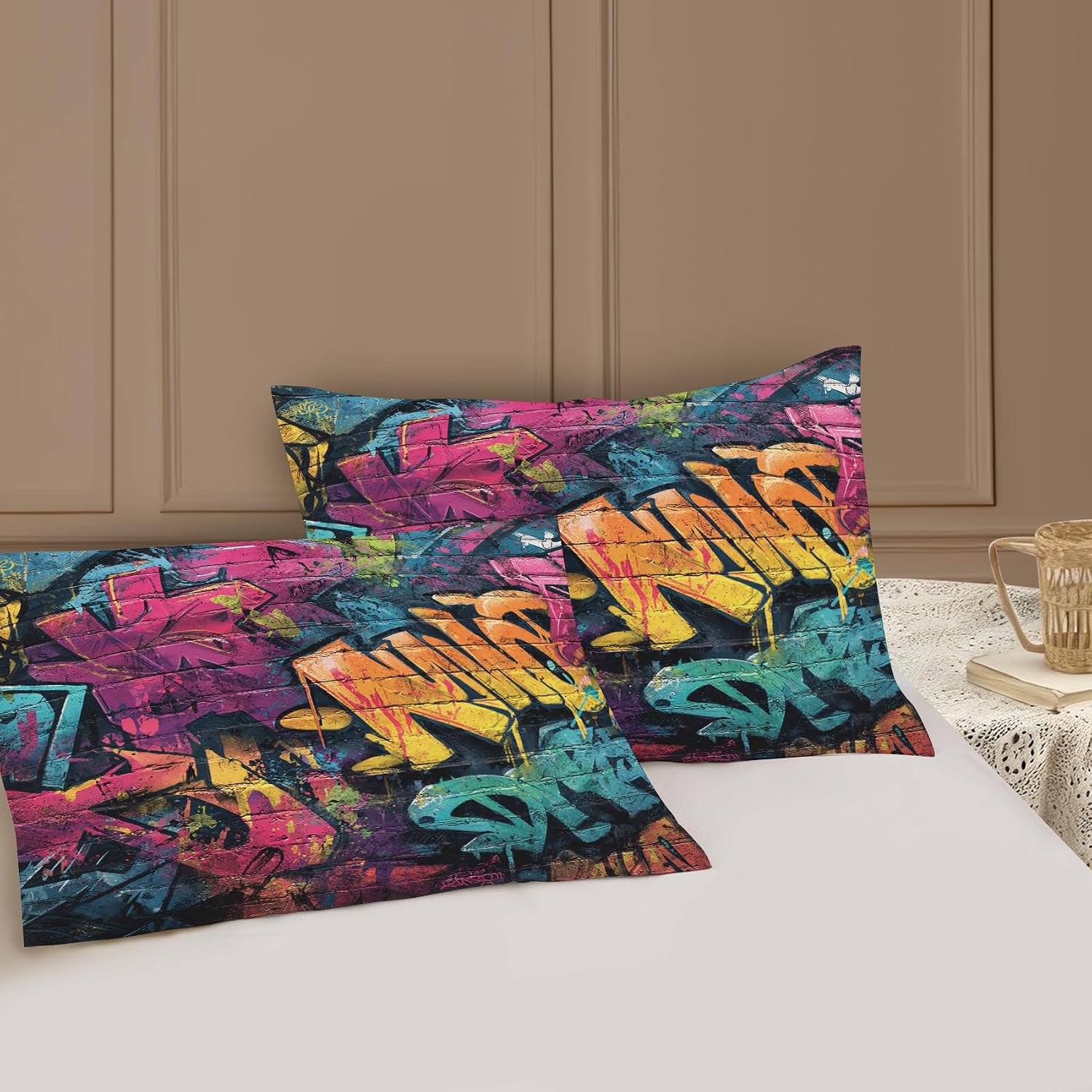 2 Pack Colorful Graffiti Satin Pillowcase - Queen Size 20"x26" Soft Hip Hop Street Culture Pillow Cover with Hidden Zipper, Satin Pillow Cases, Set of 2, for Sofa, Bed, Couch, Living Room, Home Decor