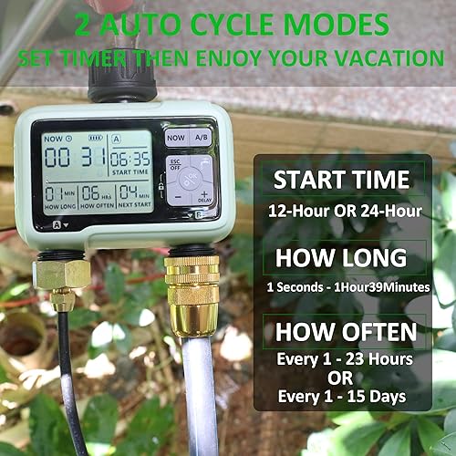 Miniatura 5 de STYDDI Temporizador programable de riego de manguera de 2 zonas, temporizador digital de manguera de jardín de 2 puertos de salida, controlador de