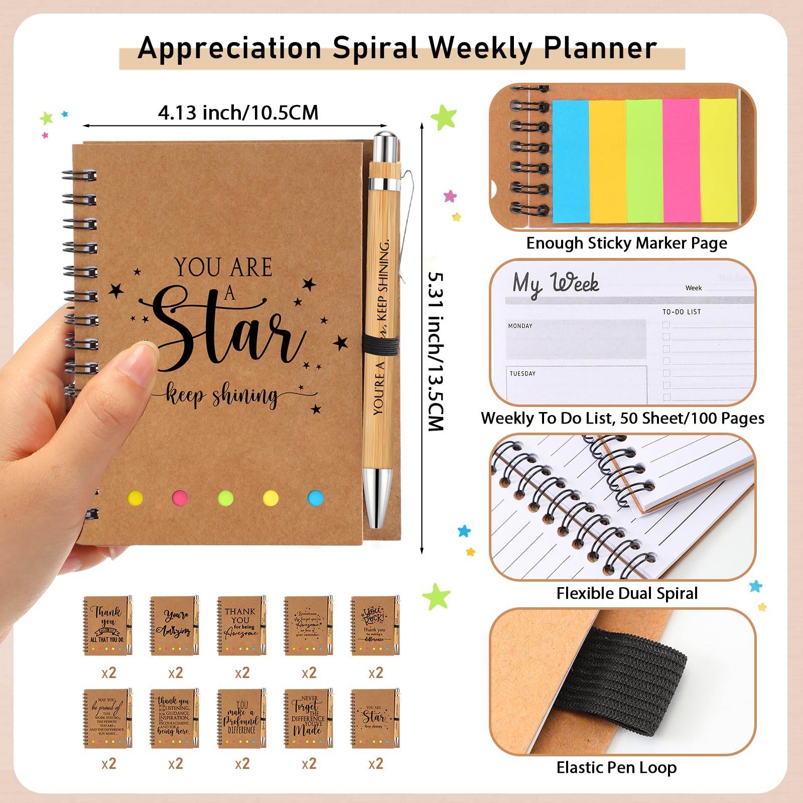 Tellingyou Set di 20 quaderni a spirale ispiratori per lauree, dipendenti apprezzamento per dipendenti, agenda settimanale con note adesive, penna motivazionale in bambù per studenti, insegnanti,