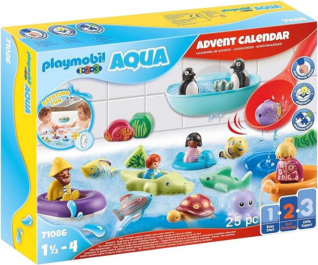 Playmobil 1.2.3 AQUA 71086 Advent Calendar: Bathtime Fun, With Bath Toys Including Animals and Boat that Float on Water, Christmas Toys for Toddlers from 18 Months