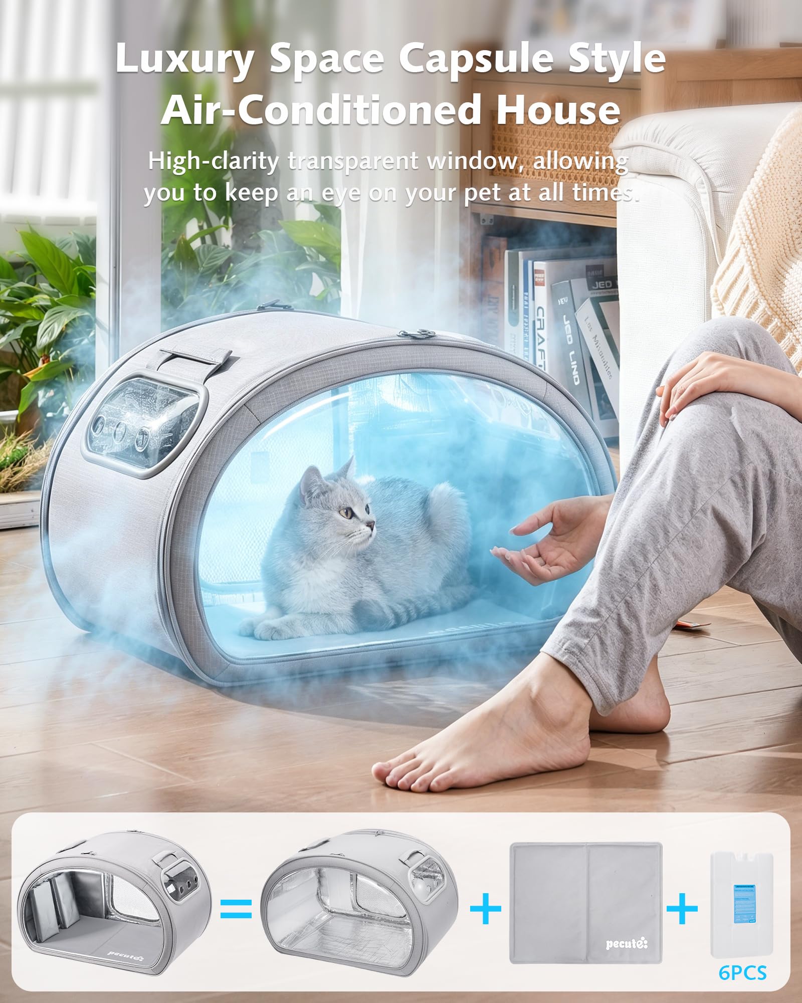 Niche Rafraîchissante pour Chat Pecute | Cabane Anti-Canicule avec Blocs de Glace et Tapis Gel | Design Transparent et Structure Solide | Idéale pour Maison et Extérieur | Taille M, Gris