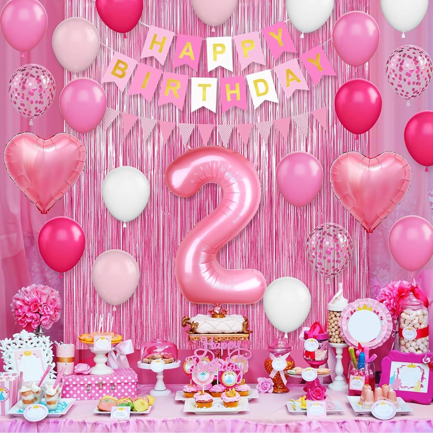 2nd Birthday Decorations for Girls, Hot Pink Balloons with Happy Birthday Banner, Fringe Curtain, Cake Topper, Glue, Ribbon - Image 6