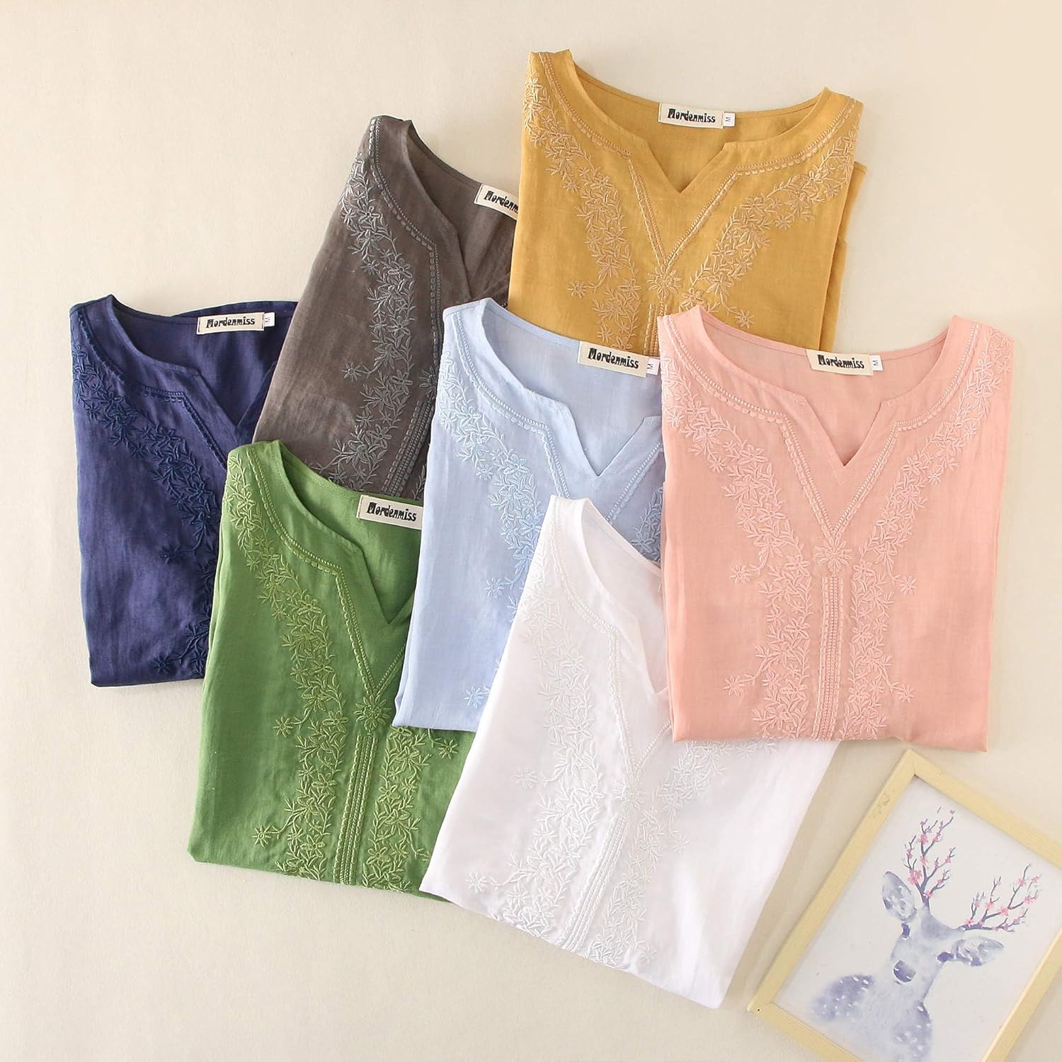 Minibee Women's Linen Shirts Summer Boho Blouse V Neck Short Sleeve Embroidered Tunic Tops - Image 4