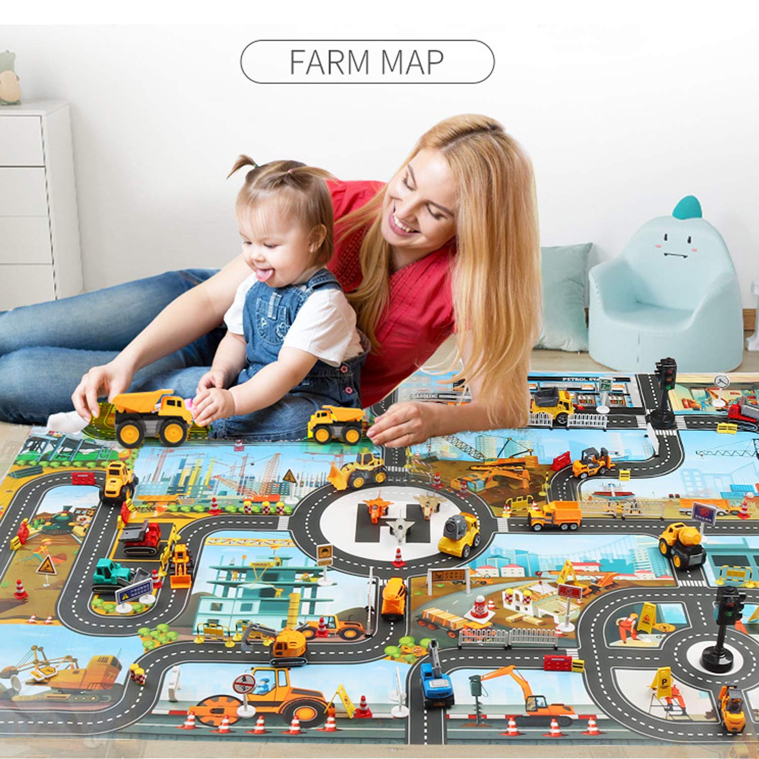Tapis de jeu construction urbaine, tapis de jeu en plastique PVC taille 100 x 130 cm, tapis d'apprentissage éducatif pour chambre à coucher