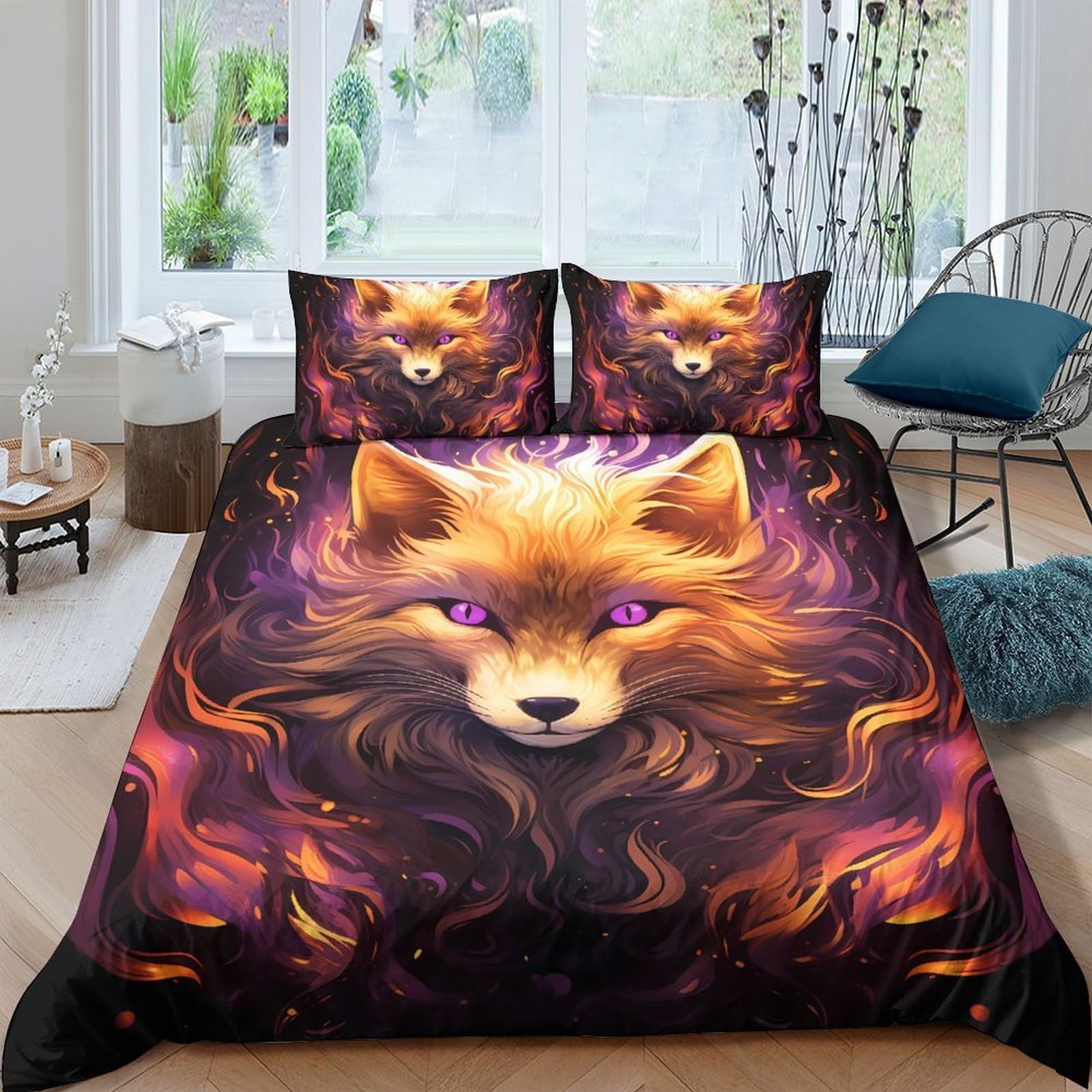 Ctjqhvkz Style-9 3D Printed Fiery Fox Fitted Sheet Microfiber Soft Bedroom Decor Mystical Wolf Bed Cover For Home Dorm Single（135X200cm）