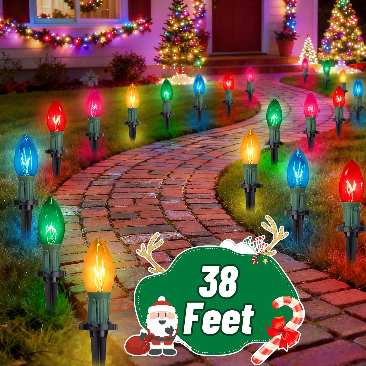 38 Feet C9 Christmas Pathway Lights Outdoor Walkway Lights with 25 Pack Multicolor C9 Stake Light Waterproof for Christmas Outdoor Decorations for Garden Landscape Yard Path Sideway, 7W