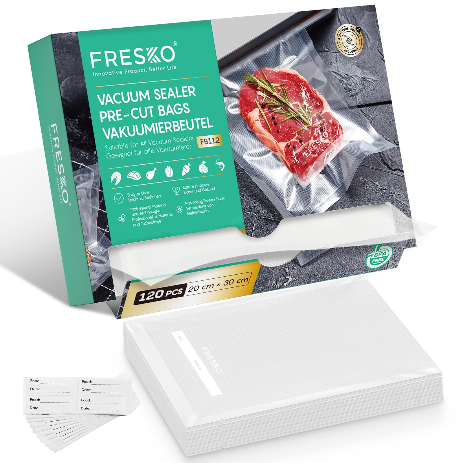 FRESKO Sacchetti Sottovuoto Alimenti 120pcs 20x30cm, Sacchetti per Sottovuoto Testurizzato di Grado Commerciale per Cottura Sottovuoto, Sacchetti Pretagliati Senza BPA e Approvati Dalla FDA