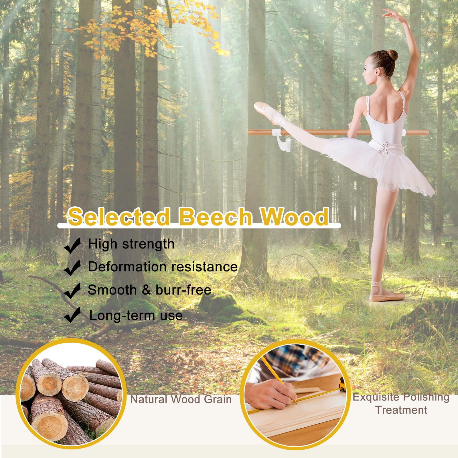 KOMFOTTEU Barre de ballet pour la maison, 38 mm de diamètre, en bois de hêtre, pour yoga, étirement, entraînement, poses de ballet, maison, salle de sport