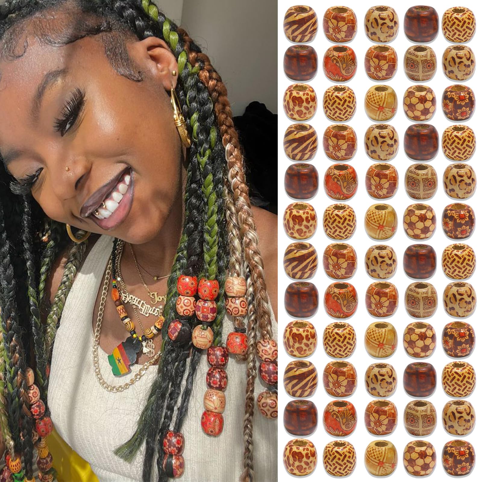 NAISKA 60 perline per capelli in legno per trecce, 11 x 12 mm, dipinte, sfuse, perline africane per capelli, gioielli e trecce, accessori per dreadlock, decorazione per tubi per capelli, clip per