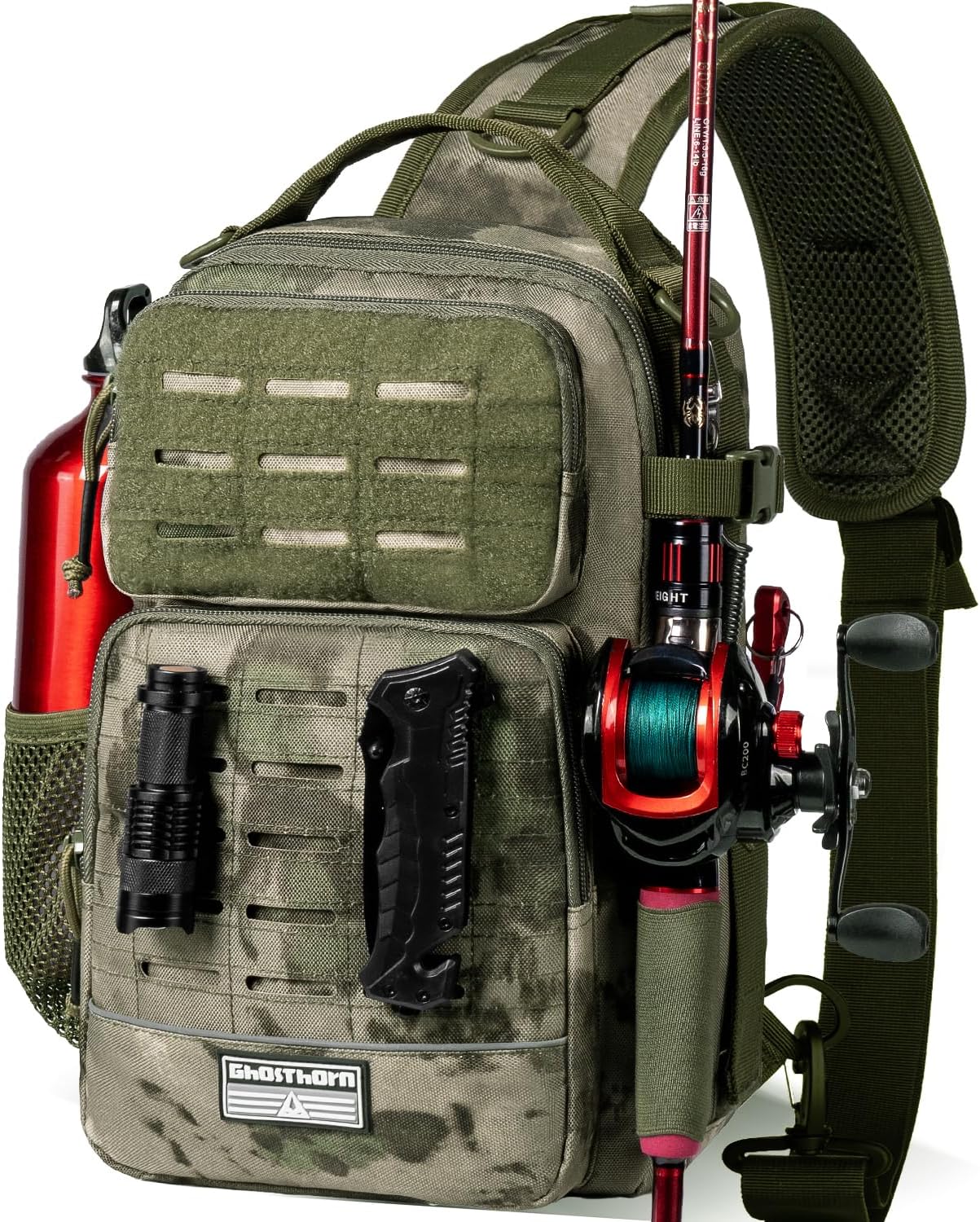 GhosthornFishing Backpack Tackle Sling Bag -Lightweight Sling Tackle Storage Bag- Fishing Backpack with Rod Holder