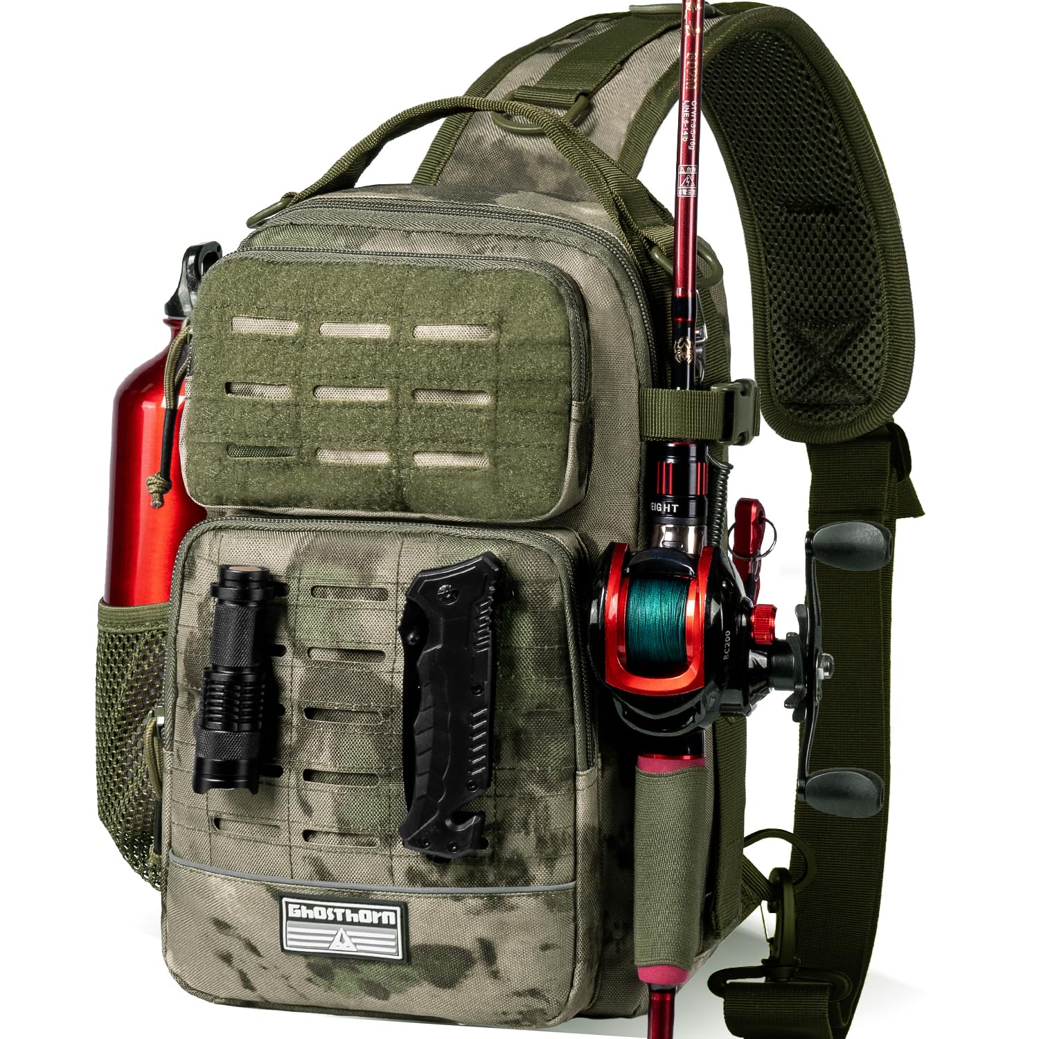 GhosthornFishing Backpack Tackle Sling Bag -Lightweight Sling Tackle Storage Bag- Fishing Backpack with Rod Holder