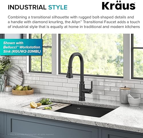 Miniatura 4 de KRAUS Allyn KPF-4101MB - Grifo de cocina de una sola manija industrial de transición en negro mate, KPF-4101MB