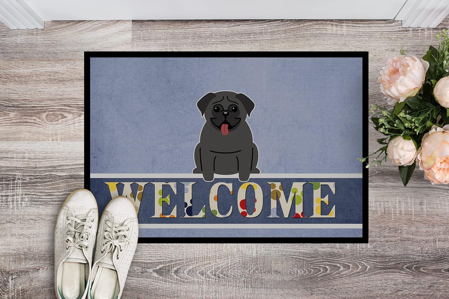 Caroline's Treasures BB5587MAT Pug Black Welcome Doormat 18x27 Front Door Mat Indoor Outdoor Rugs for Entryway, Non Slip Washable Low Pile, 18H X 27W