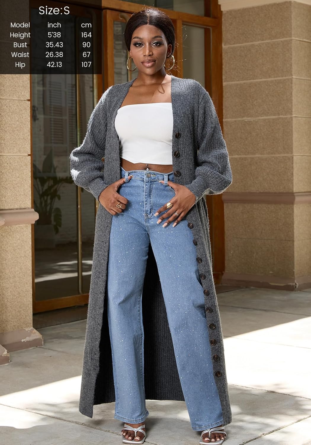 LETSVDO Long Cardigan for Women Lantern Sleeve Cable Knit Sweater Maxi Dress Chunky Button Up Duster Cardigans Outwear - Image 2