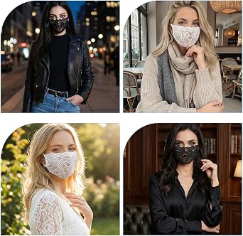 AHQiZFX 2 Pack Lace Face Masks, Reusable Breathable Mesh Half Face Cover Mesh Hollow Faces Shield Mask Protection for Women Black White