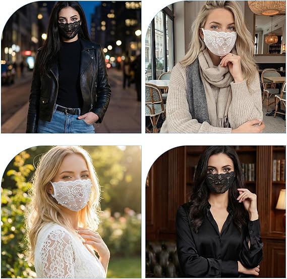 AHQiZFX 2 Pack Lace Face Masks, Reusable Breathable Mesh Half Face Cover Mesh Hollow Faces Shield Mask Protection for Women Black White