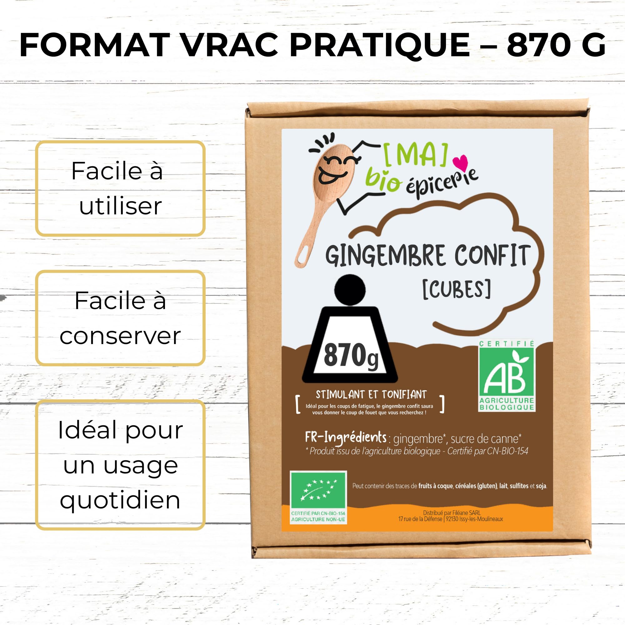 [MA] bio-épicerie - Gingembre confit BIO en cubes 870 g – Sachet vrac – Gingembre confit sans conservateur – Format polyvalent pour cuisine, pâtisserie et recettes maison