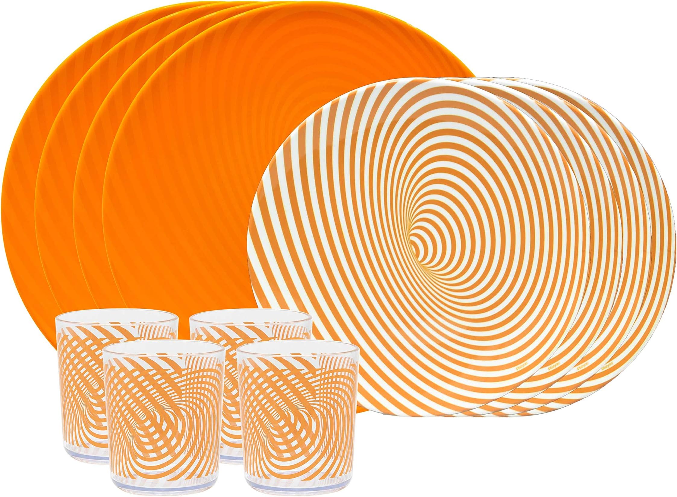 bzyoo BPA-Free Dishwasher Safe 100% Melamine Designed Plate Set Best for Indoor and Outdoor Party (12 PCS Dinnerware set, Service for 4, Hypno Orange)