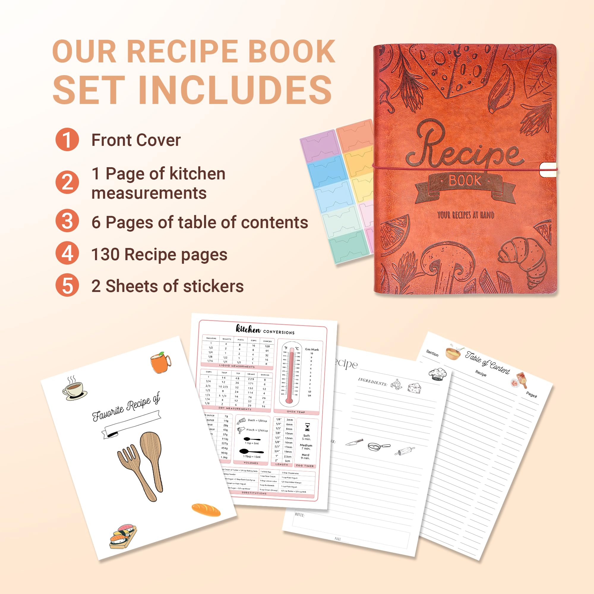 Recipe Book To Write In Your Own Recipes - A5 Blank Recipe Journal with Leather Cover - Holds 130 Recipes - Includes Stickers - Family Cookbook Gift for Women & Home Cooks
