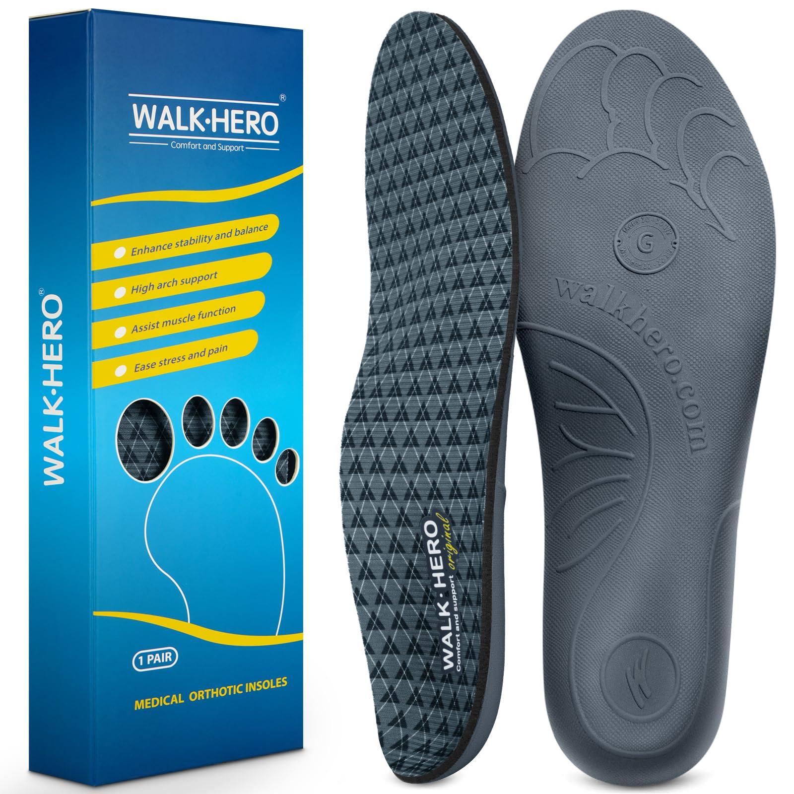 Walkhero Plantar Fasciitis Insoles - High Arch Support Inserts, Everyday Comfort and Support for Work Boots and Casual Shoes (Mens 12-12 1/2 | Womens