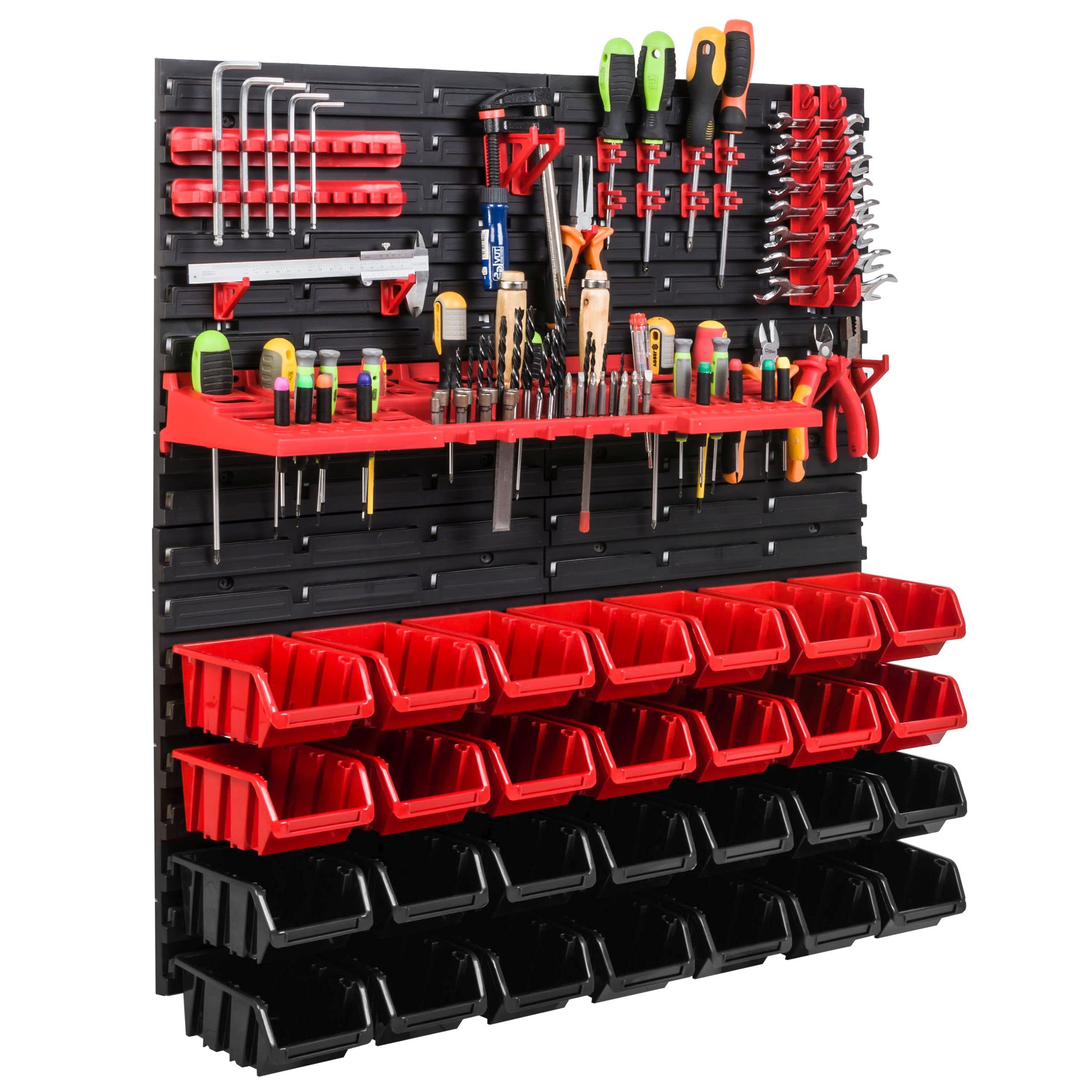 Scaffale da officina, 78 x 78 cm, 28 pezzi, con supporti per attrezzi e scatole impilabili, pannelli da parete, scaffali extra resistenti, per riporre oggetti e garage, scaffali