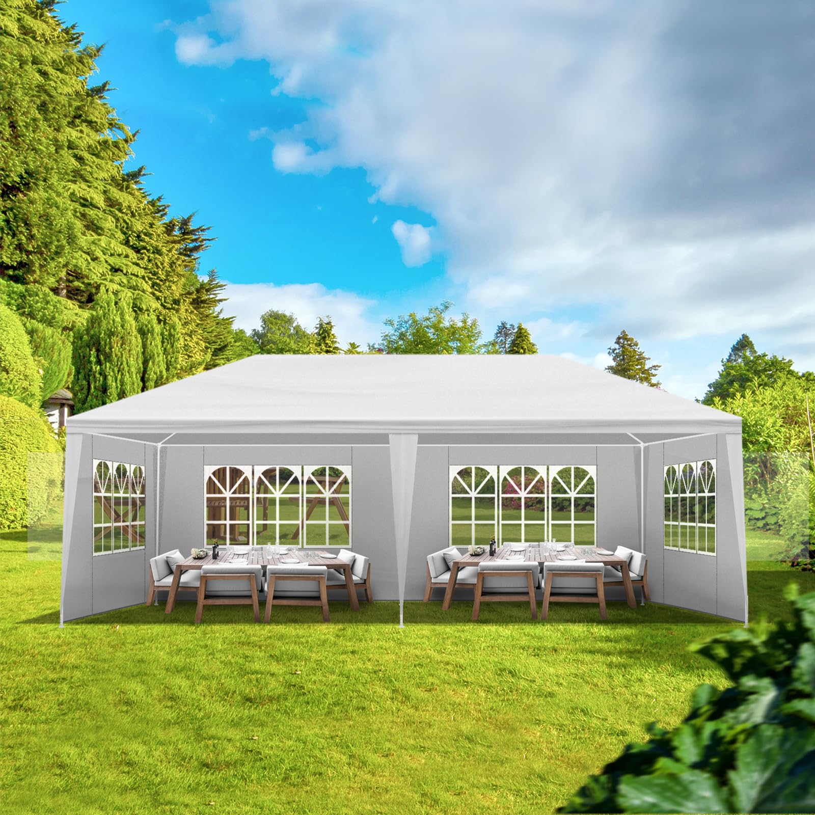 Bonnlo Tonnelle de Jardin 3x6 avec 6 Parois Latérales Amovibles en bâche PE Tubes en Fer Barnum Stable et résistant Gazebo de Jardin pour marchés Festivals Camping Mariages Blanc (3x6m 6parois)