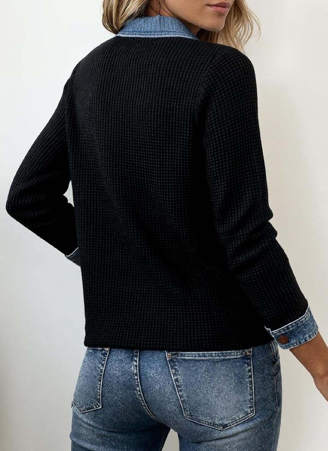CZLFDFZ Women's Denim Contrast Waffle Knit Polo Shirt Long Sleeve Button Placket Casual 2025 Fall Winter Color Block Top - Image 4