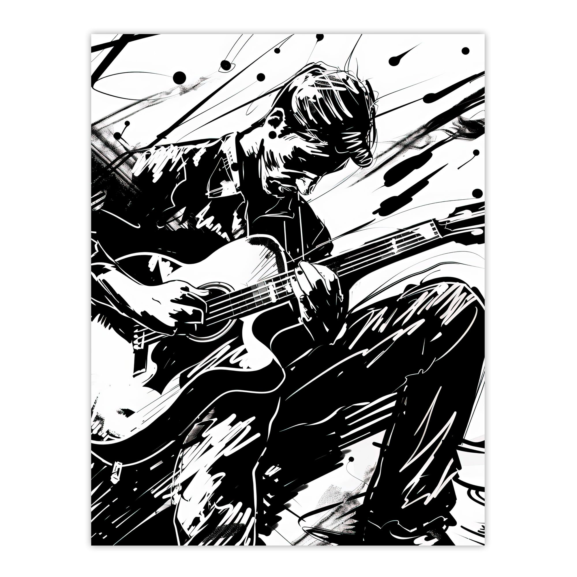 Artery8 Unframed 18X24" Guitarist Playing Guitar Black White Ink Drawing Living Room Large Wall Art Poster Print Thick Paper 18X24 Inch