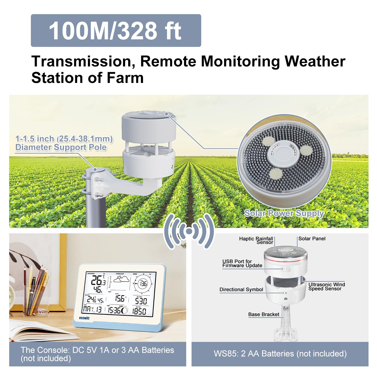 ECOWITT WIFI stazione meteo WS3802 con display LCD da 7,5 pollici per uso domestico, 3 in 1 Sensore meteo senza fili WS85 con pannello solare + un sensore di temperatura-umidità per esterni WN32