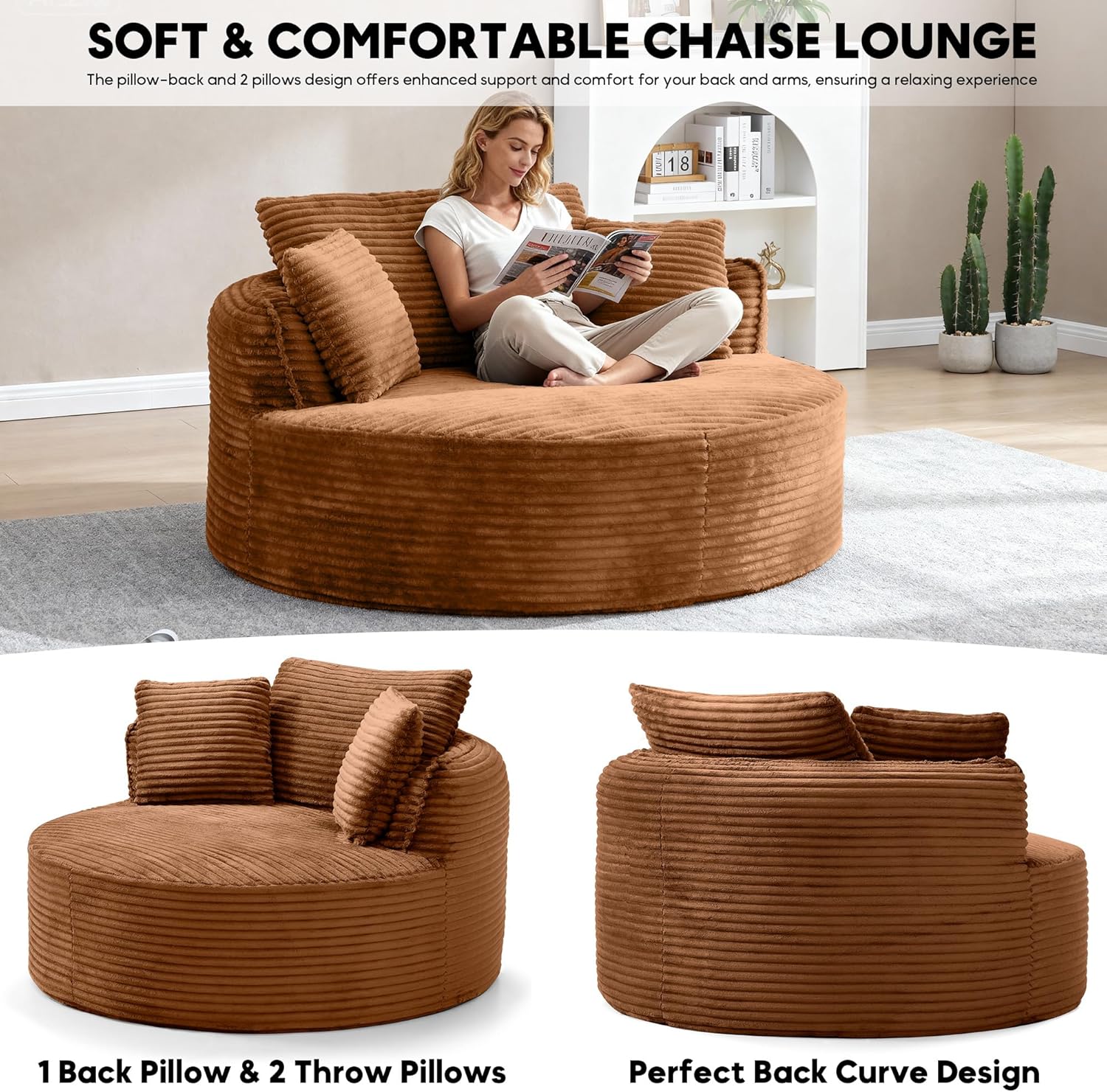 Oversized Round Chair Lounge Chaise Indoor, 53.5" Upholstered Corduroy Deep Seat Single Cloud Sofa Chair, Fluffy Modern Large Circle Boneless Sleeper Sofa for Living Room, Bedroom, Orange