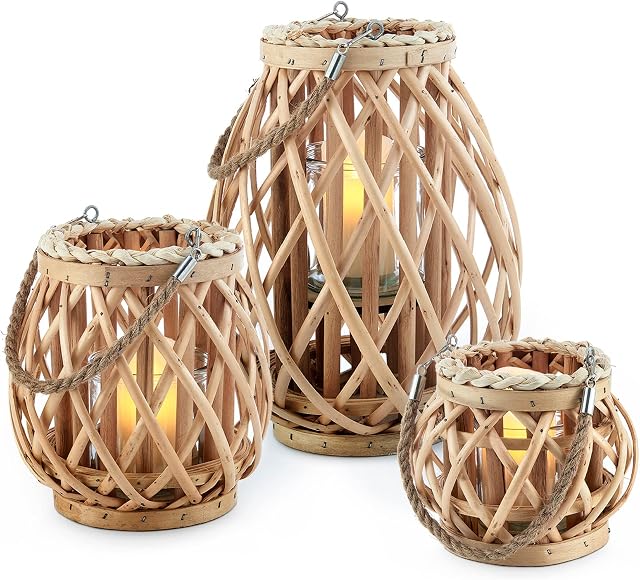 LIVIVO 3pc Wicker Willow Candle Lantern Basket Jar Made from Hemp Rope & Willow Twigs  Perfect for Indoor Outdoor Garden Living Room Home Office (Natural)