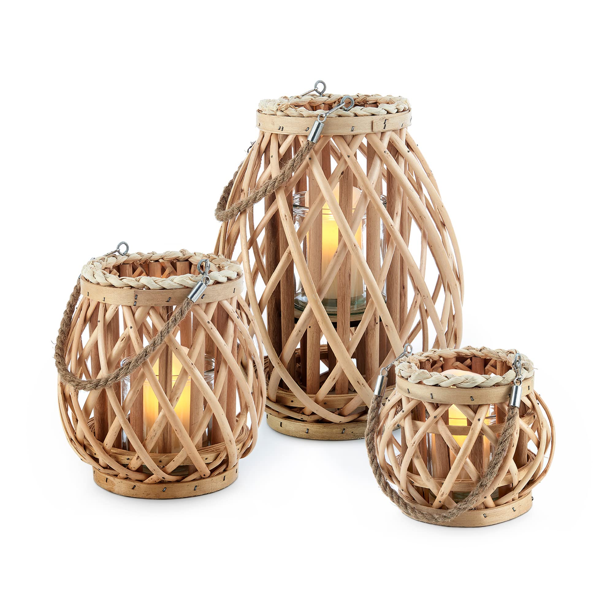 Livivo Natural Willow Lanterns Set Of 3 Grey Wicker Candle Holders With Rope In