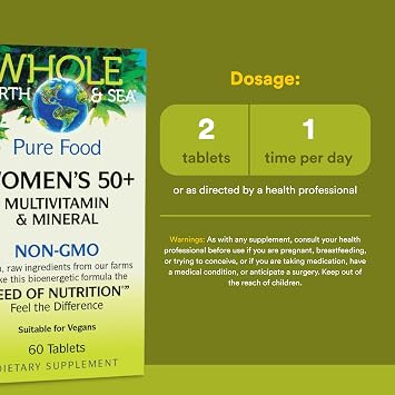 Natural Factors Whole Earth & Sea Women's 50+ Multivitamin & Mineral - Daily Multivitamin with Calcium, Selenium & More - Supports Bone & Brain Health - 60 Tablets (30 Servings)