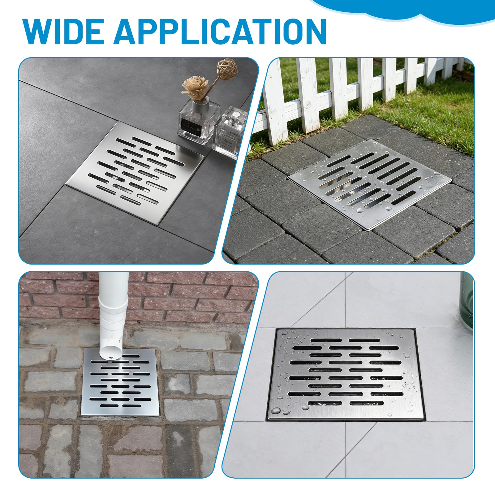 DBREAKS Copertura Scarico a Pavimento in Acciaio Inox con Telaio, griglia di Scarico Quadrata, Antiscivolo, Copertura per Scarico per Esterni, Giardino, terrazza (200 x 200 x 20 mm)