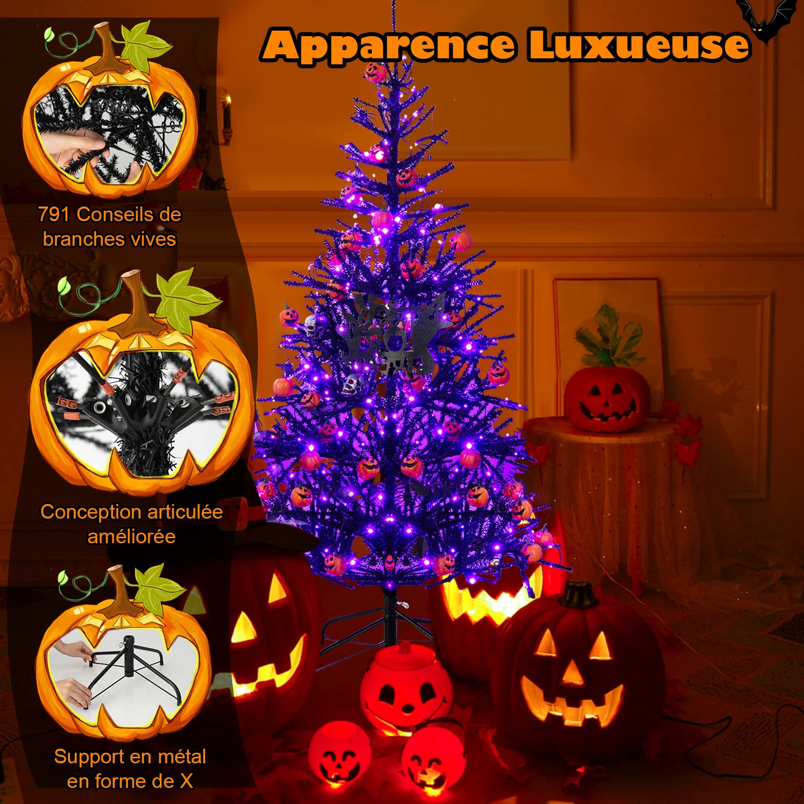 COSTWAY Sapin de Noël Noir 180 CM, 250 Lumières LED Violette et Accessoires d'halloween, Sapin Artificiel d'halloween avec 791 Branches en PVC, Arbre de Décoration pour Maison, Bureau, École