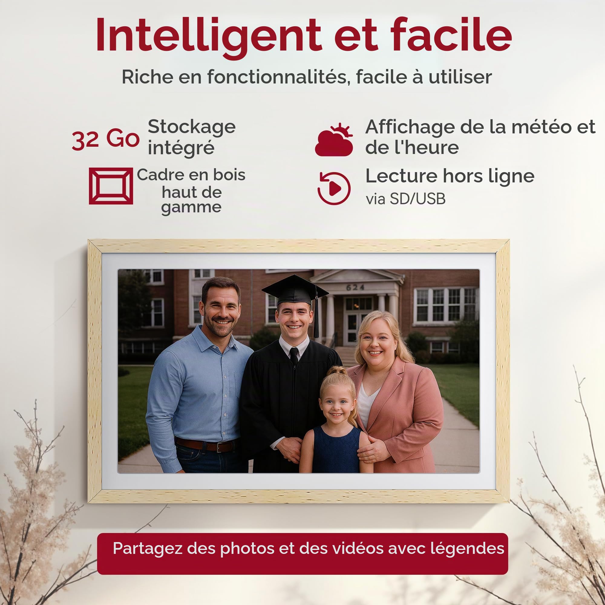 XORO Cadre Photo numérique WiFi de 15 ", 1920 x 1080 Full HD 1080p IPS, mémoire 32 Go, Rotation Automatique, Bois de hêtre, partagez instantanément des Photos de n'importe où