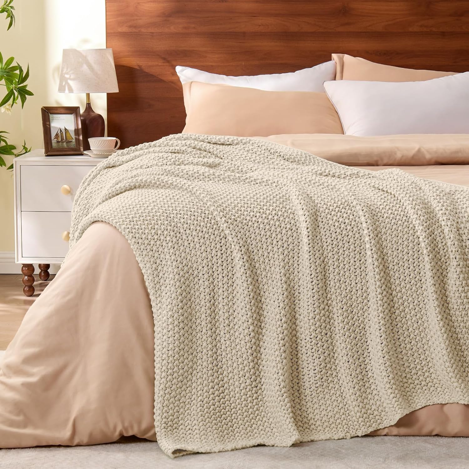 BEDELITE Chunky Cable Knit Throw Blanket for Couch,Super Soft Cozy Woven Blanket for Room Decor,50"x60", Beige - Image 5