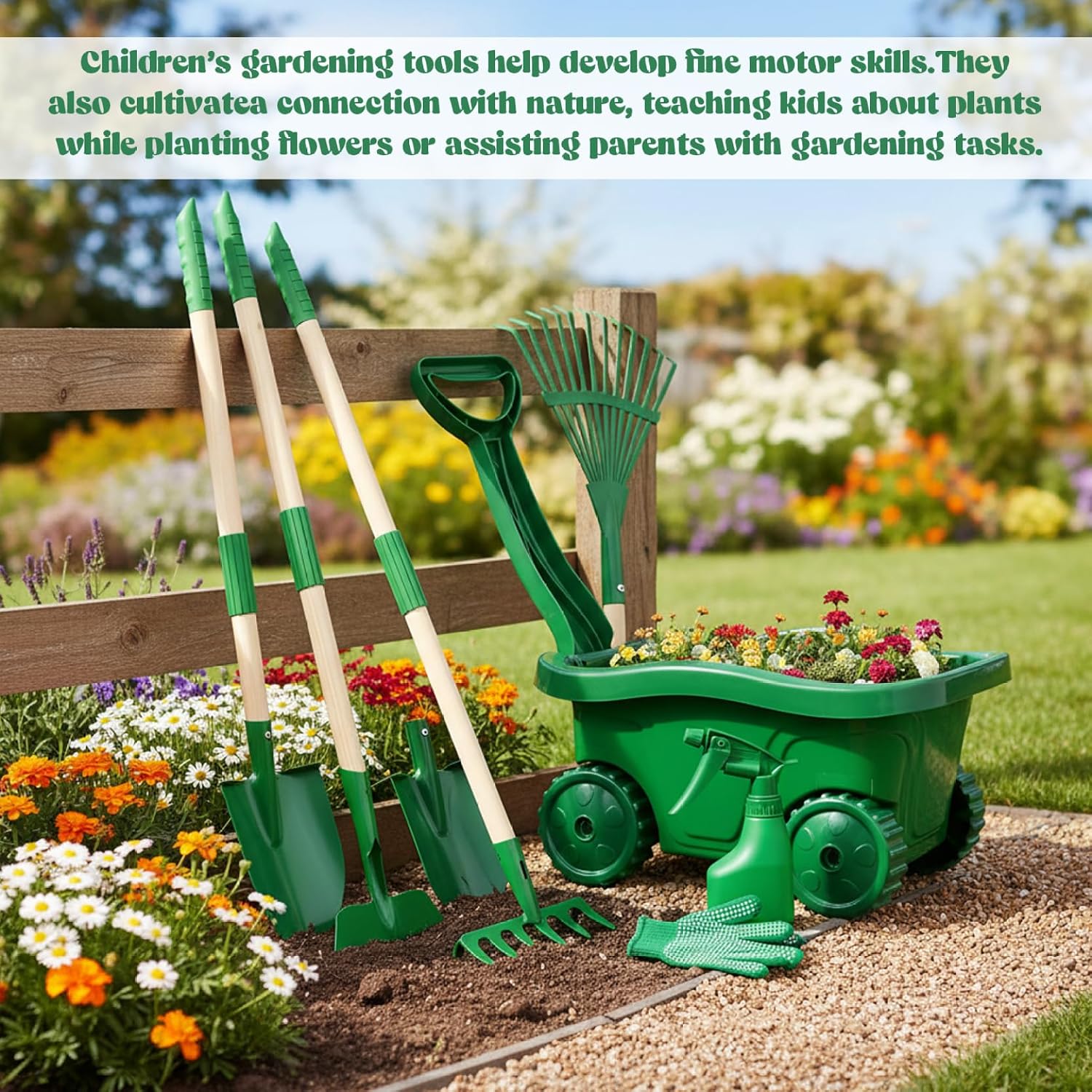 Garden Tools, Kids Gardening Set 7-piece Toddler Gardening Set with Wheelbarrow, Shovel, Rake and Leaf Rake, Educational Kids Garden Tools for Outdoor Backyard Play