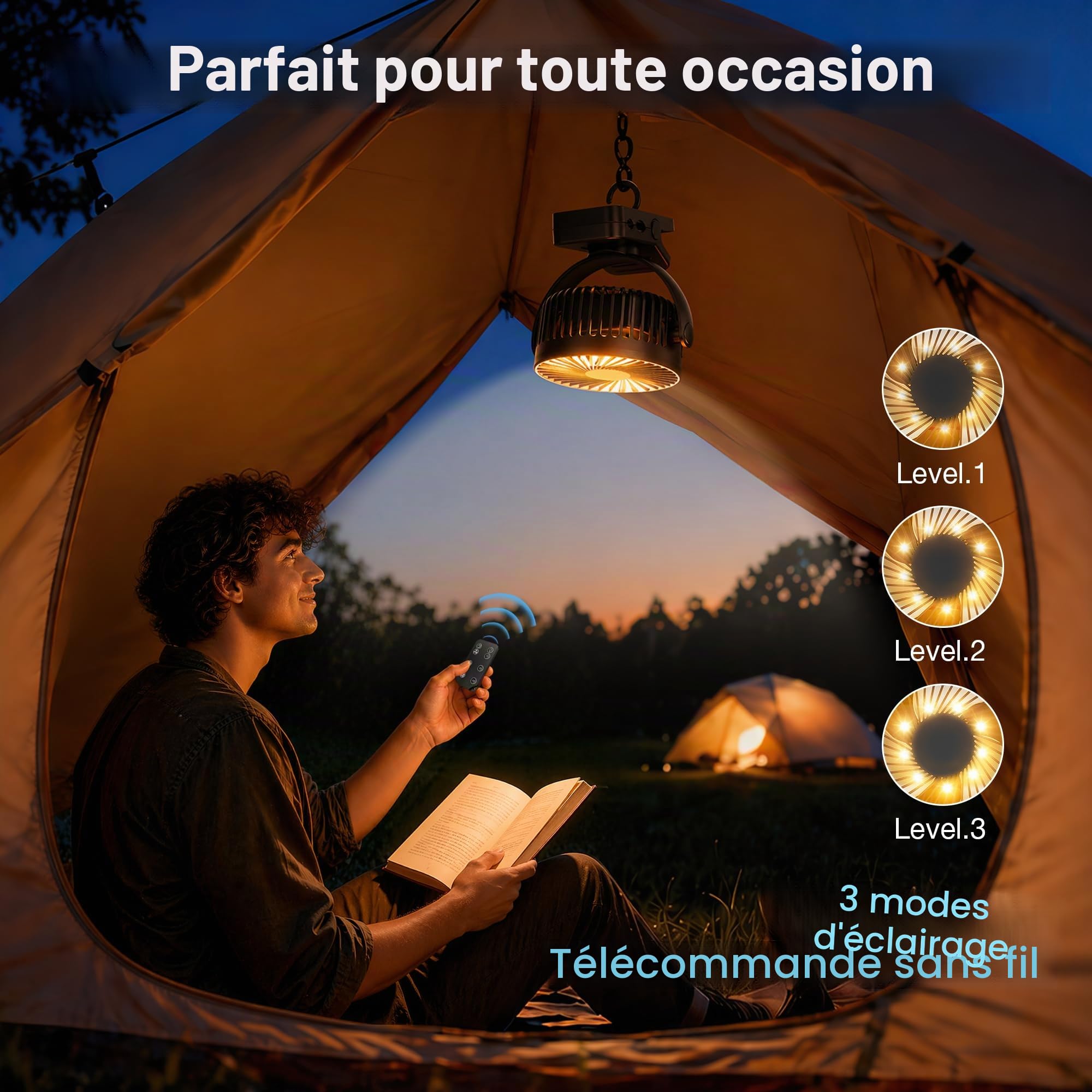USB Ventilateur Table de 12000mAh 4-en-1 Ventilateur Portable avec Télécommande 3 Vitesses Lumière LED Minuterie 360° Rotation, Ventilateur Pince pour Camping Cuisine Bureau Poussette, Noir