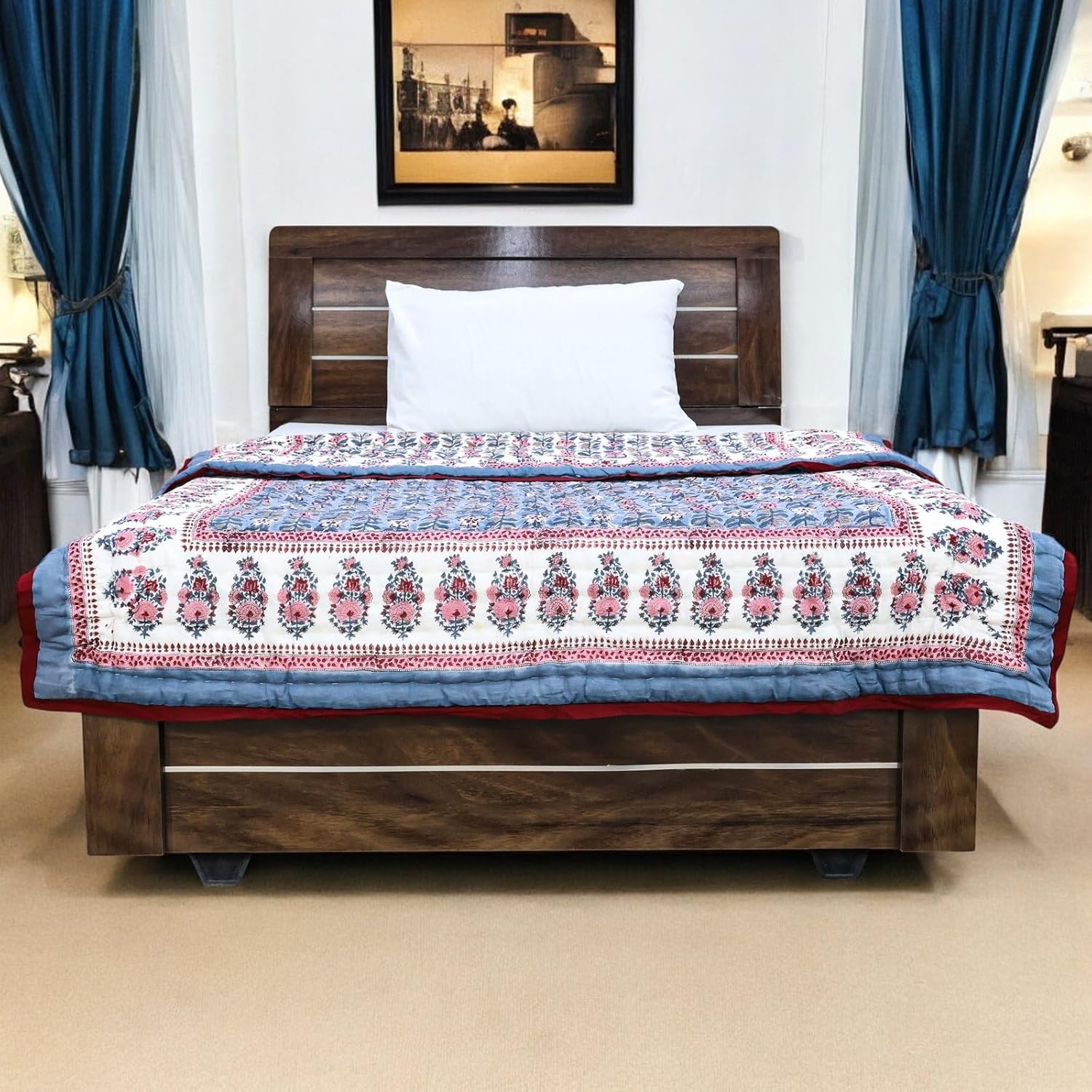 Handmade Blue Maroon Queen Size 100% Cotton Quilt Reversible Bedding Cover All Season Designer Floral Hand Block Printed Boho Soft Bedspread, Cozy Lightweight for Bedroom or Guest Room Decor