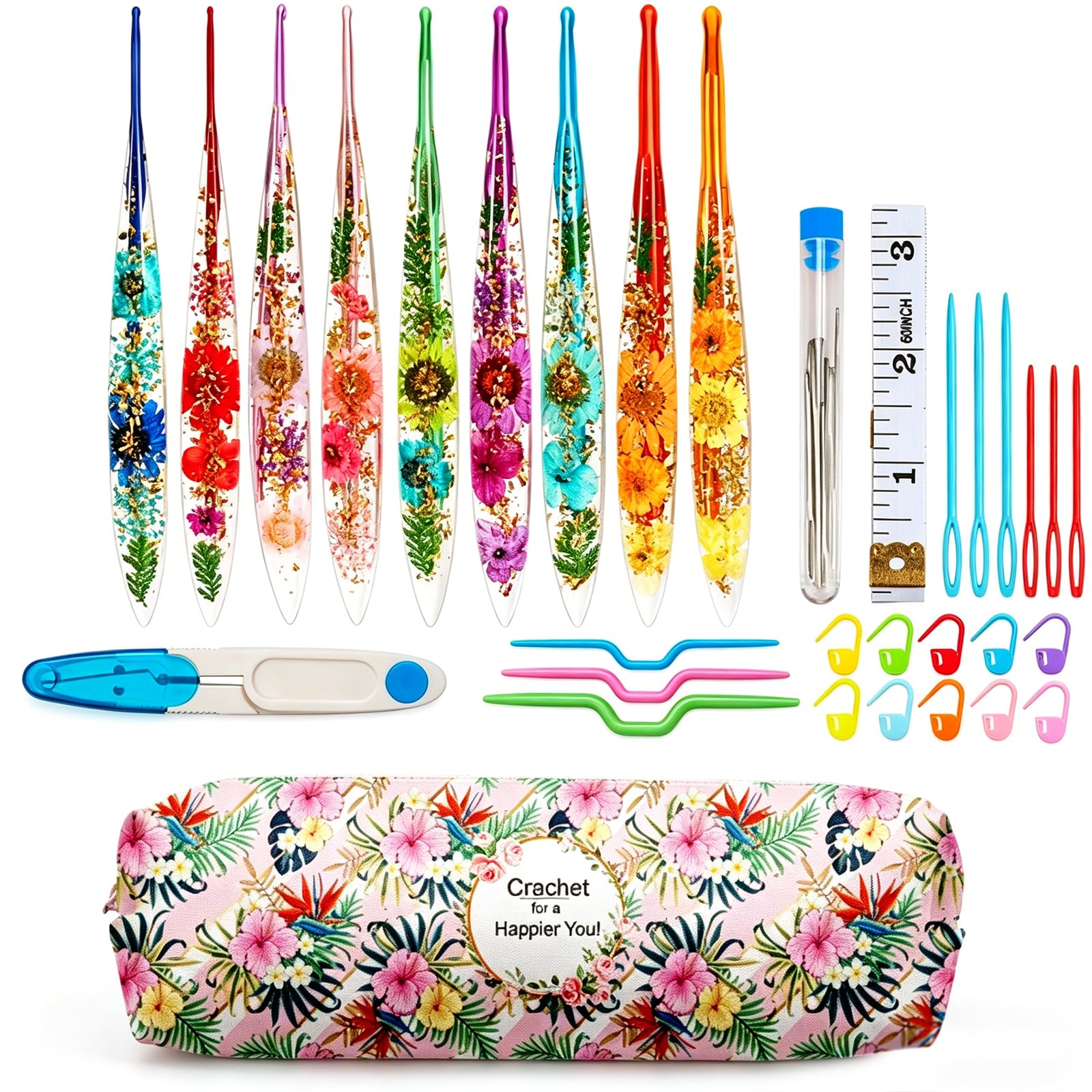Häkelnadel Set, 9 Stück Häkelset für Anfänger Erwachsene, 2-6 mm Häkel Set Stricknadeln mit Ergonomische Epoxidharz Comfort Grip, Weichen Griff Häkelnadeln mit Funkelndem Blumenmuster