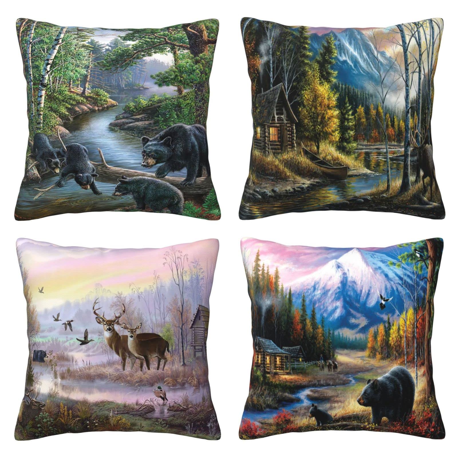 4PCS Square Throw Pillow Covers,18"x18" Village River Farmhouse Tree Forest Wildlife Animal Vintage Black Brown Bear Decorative Cushion Covers Case for Bed Sofa Couch Home Decor