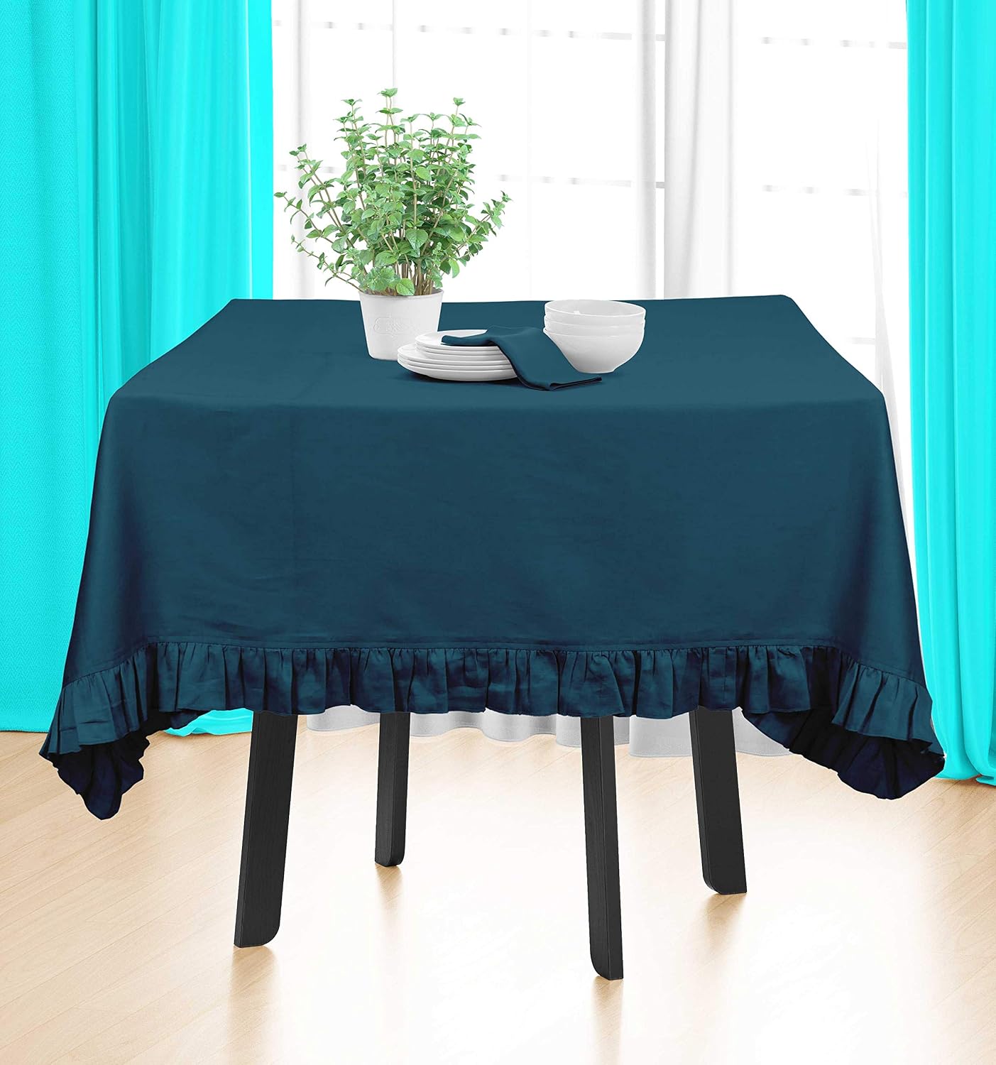 Ruffle Tablecloth, Table Linens Rectangular Table Covers for Party Decor, Solid Dining Tabletop Covers Cotton Tablecloths,Teal Blue,54 x 72 Inches