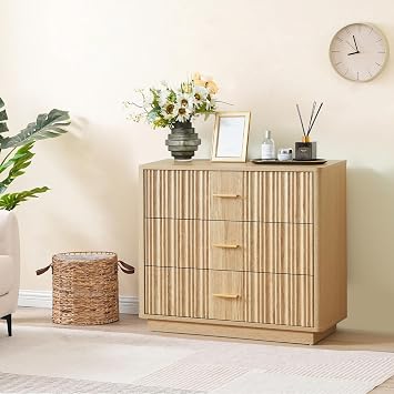 Fluted Dresser for Bedroom with 3 Drawers, 31.5 Wide Modern Chest of Drawers with Metal Handle, Large Storage Dresser, Wood Closet Clothes Storage Organizer for Nursery Living Room, Hallway,Natural