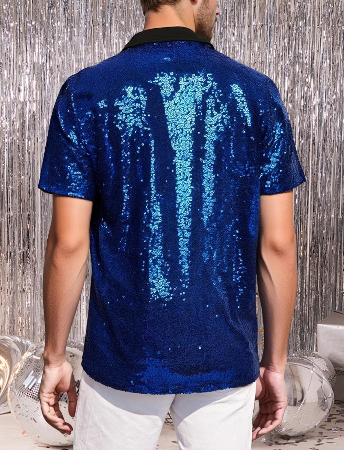 SEAUR Men's Sequin Shirt Short Sleeve V-Neck Sparkle Polo Button Down Shirts Disco Nightclub Outfit - Image 2