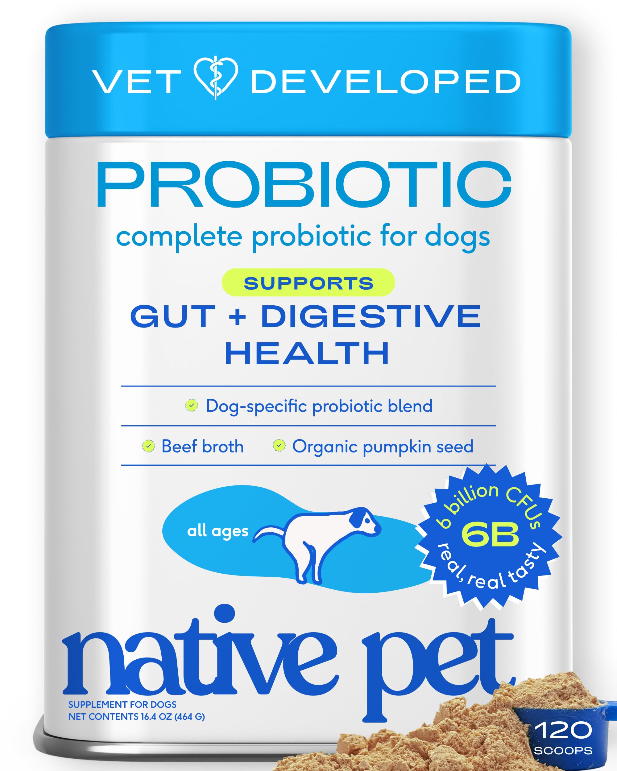 Native Pet Probiotics for Dogs – Dog Probiotic Powder for Gut &amp; Digestive Health, Vet-Formulated 6B CFUs Dog-Specific Probiotic Strains, Supports Stool Quality &amp; Diet Transitions – 120 Scoops