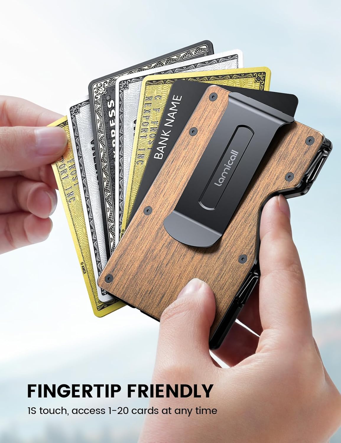 Lamicall Minimalist Metal Wallet for Men - [Mechanical Hinges][15-20 Cards] Capacity Slim Wallets, Credit Card Holder, Money Clip & Cash Strap, RFID, Christmas Gifts for Men, Metal Wooden Brown - Image 3