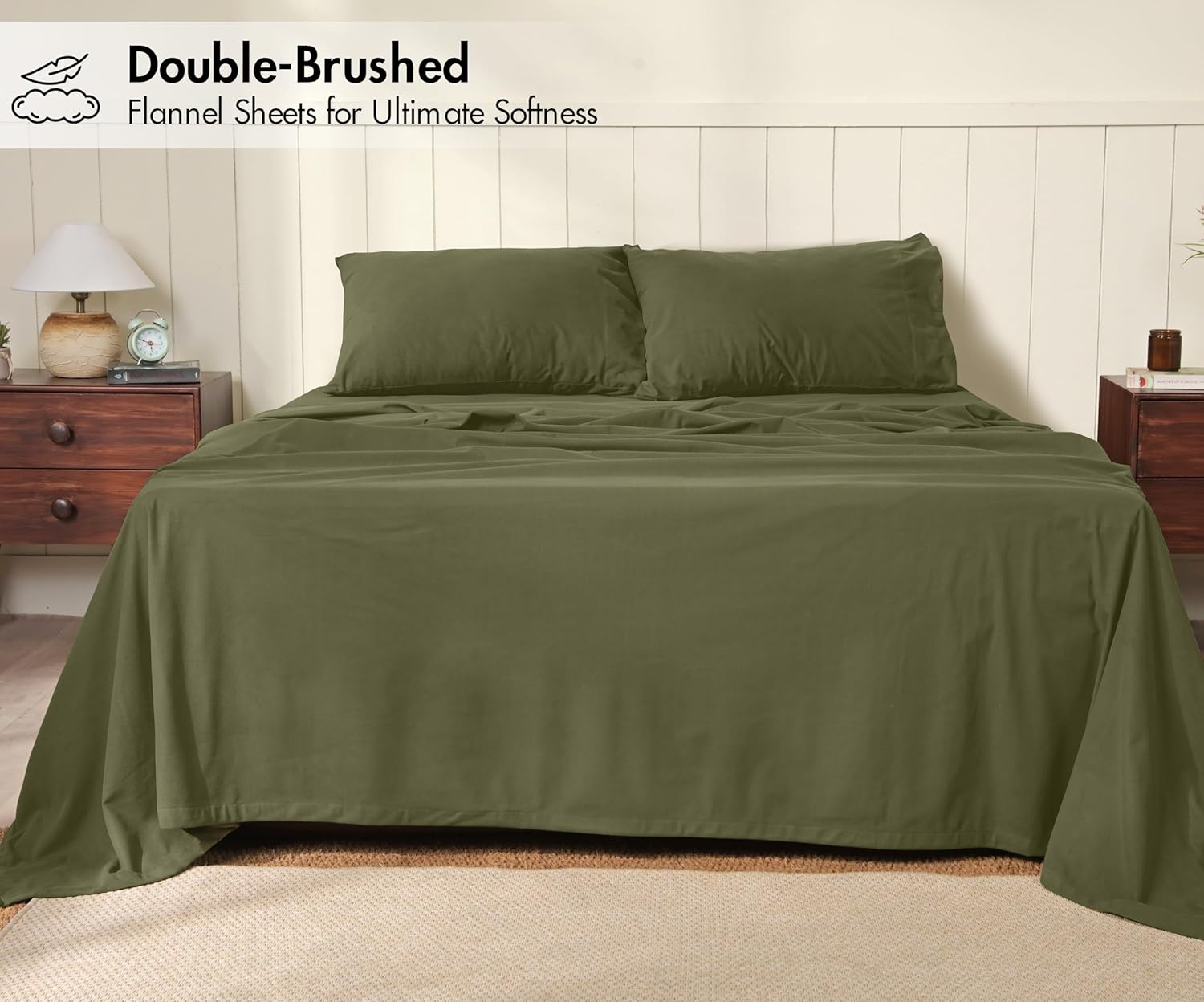 RUVANTI Flannel Sheets – Queen Sheet Set, Ultra Soft & Cozy Double Brushed, 15" Deep Pocket, 360° Elastic for Secure Fit, No Pilling, 4 Pieces (Flat, Fitted, 2 Pillowcases), Olive Stone